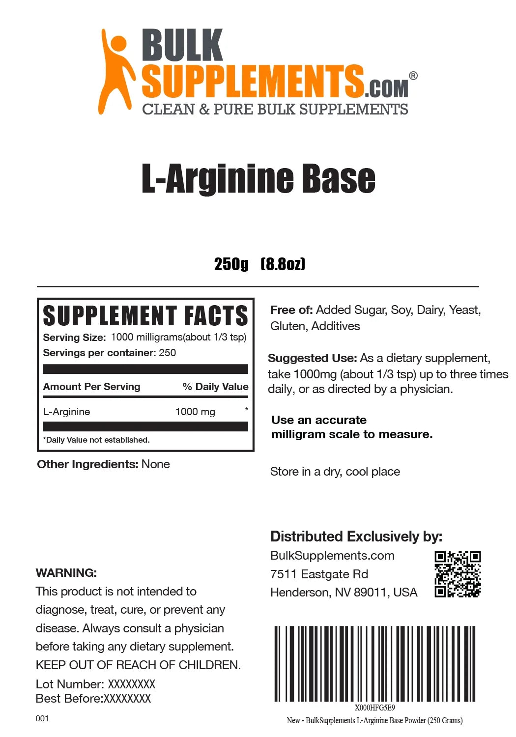 Bulksupplements L-Arginine Powder - 1G per Serving - 250 Grams (8.8 Oz) - 250 Servings