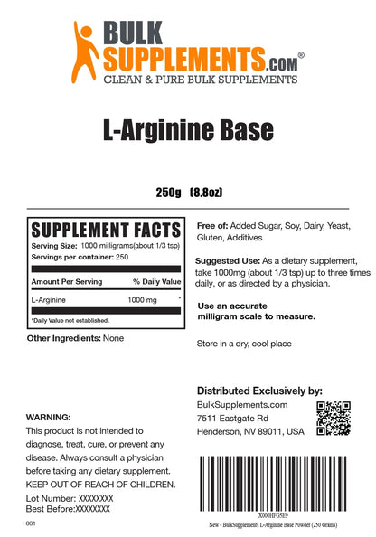 Bulksupplements L-Arginine Powder - 1G per Serving - 250 Grams (8.8 Oz) - 250 Servings