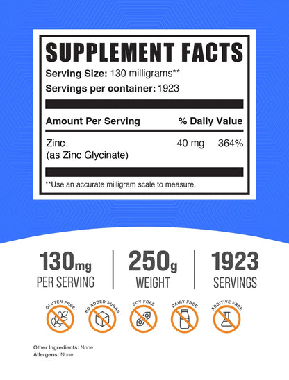 Bulksupplements Zinc Glycinate Powder - Gluten Free, 130Mg per Serving - 1 Kilogram (2.2 Lbs) - 7692 Servings