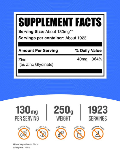 Bulksupplements Zinc Glycinate Powder - Gluten Free, 130Mg per Serving - 1 Kilogram (2.2 Lbs) - 7692 Servings